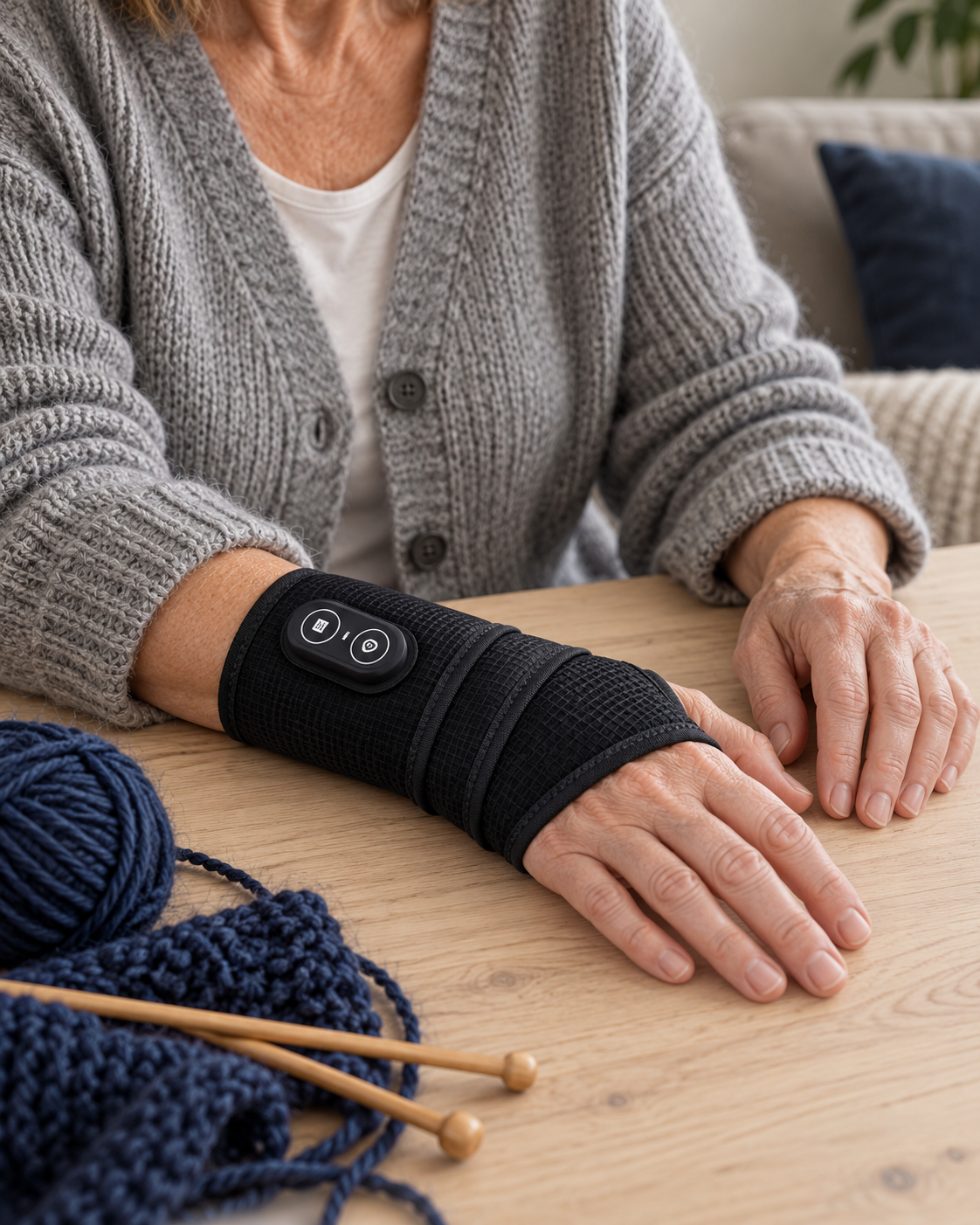 Illustrative Anwendung: ThumbComfort an der Hand, Strickzeug und Nadeln auf dem Tisch